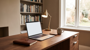 Home office desk with an open laptop, notebook, and coffee mug beside a sunlit window